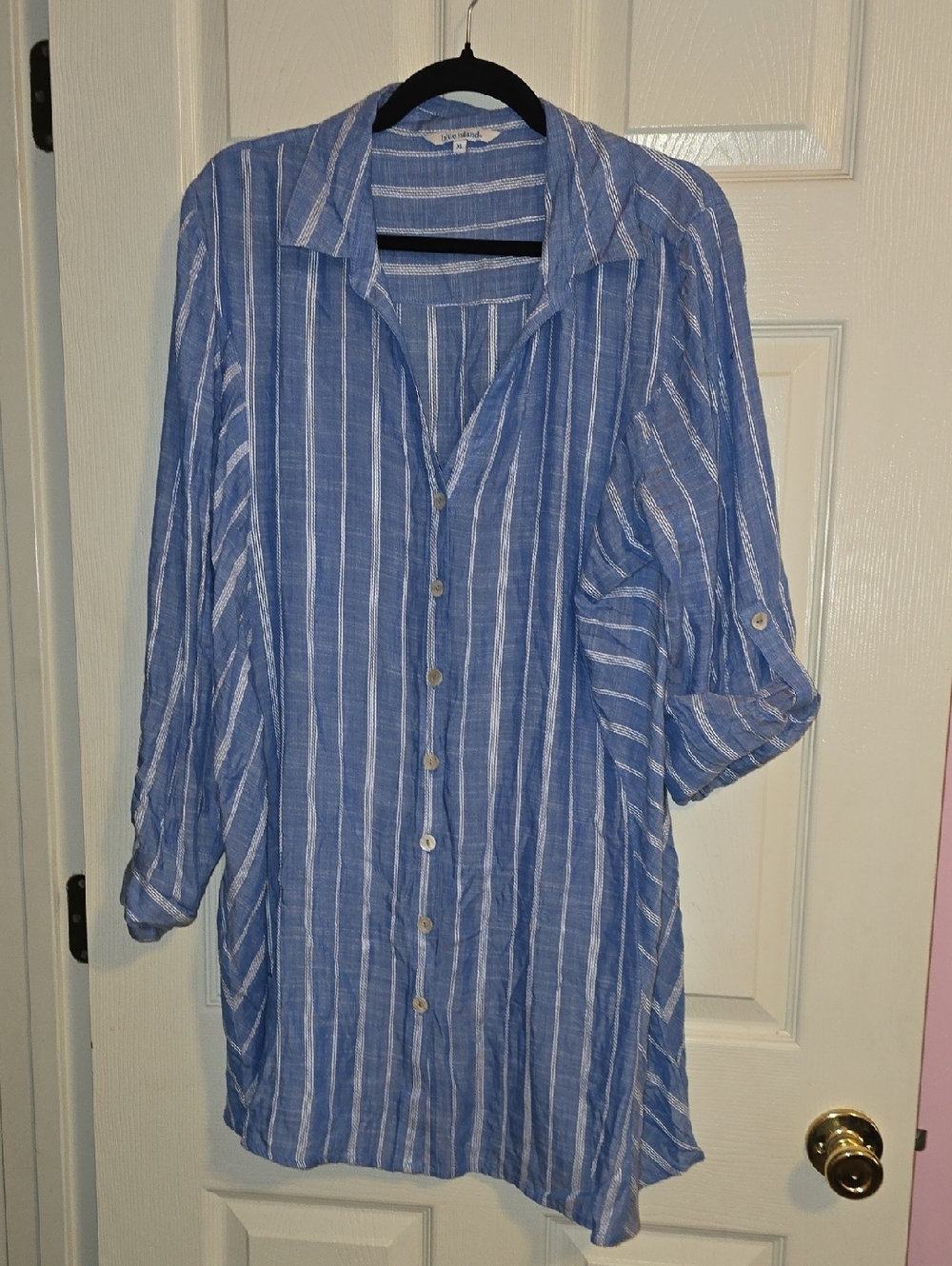 blue island Blue and White Striped Button-Up Swim Coverup